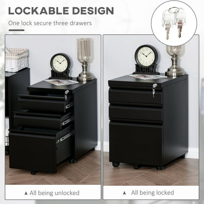 3 Drawer Filing Cabinet, Lockable Office Storage Cabinet on Wheels for Legal, Letter, A4 Files, Black