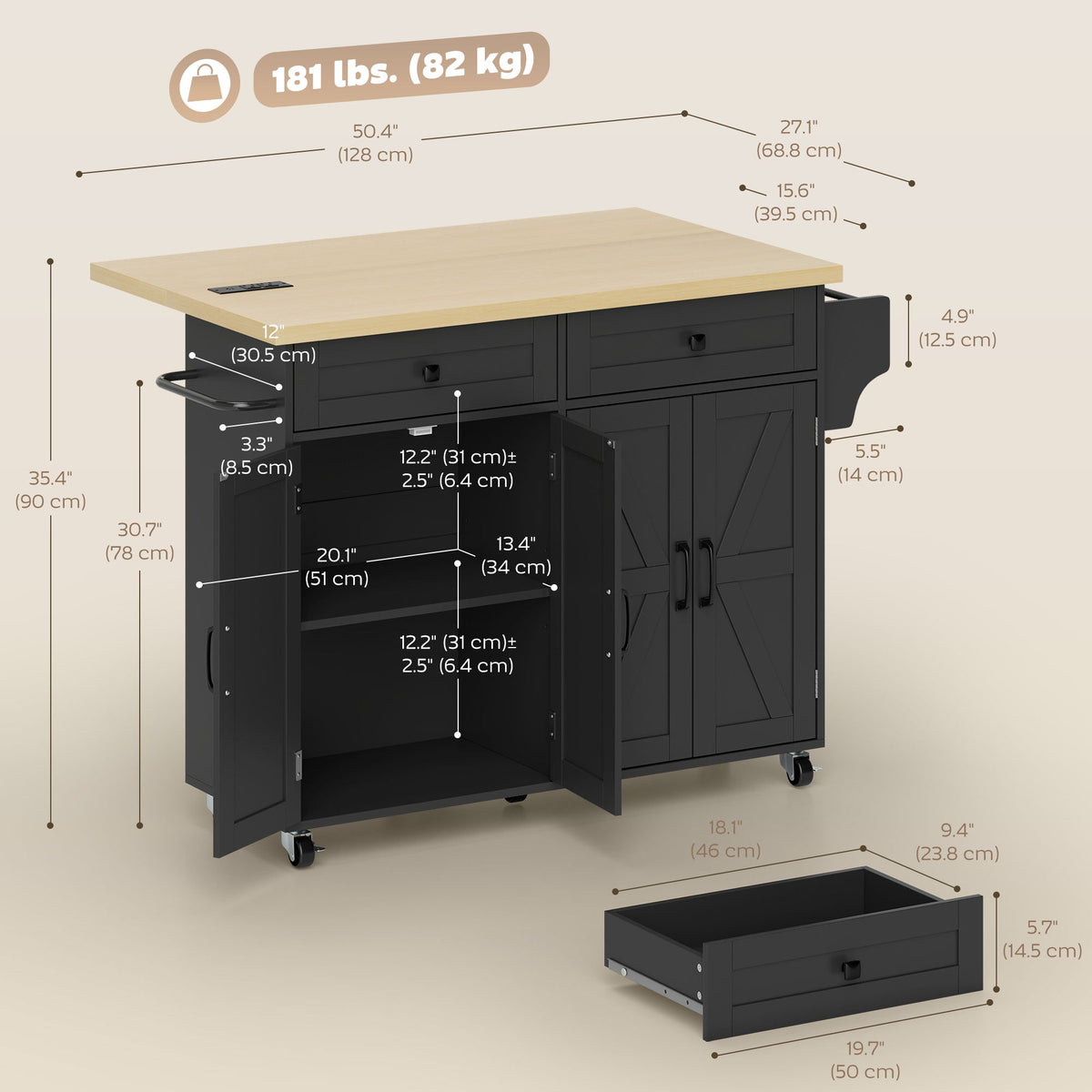 Kitchen Island with Storage, Rolling Kitchen Cart with Charging Station, Drop Leaf, Spice Rack, Towel Rack, Drawers