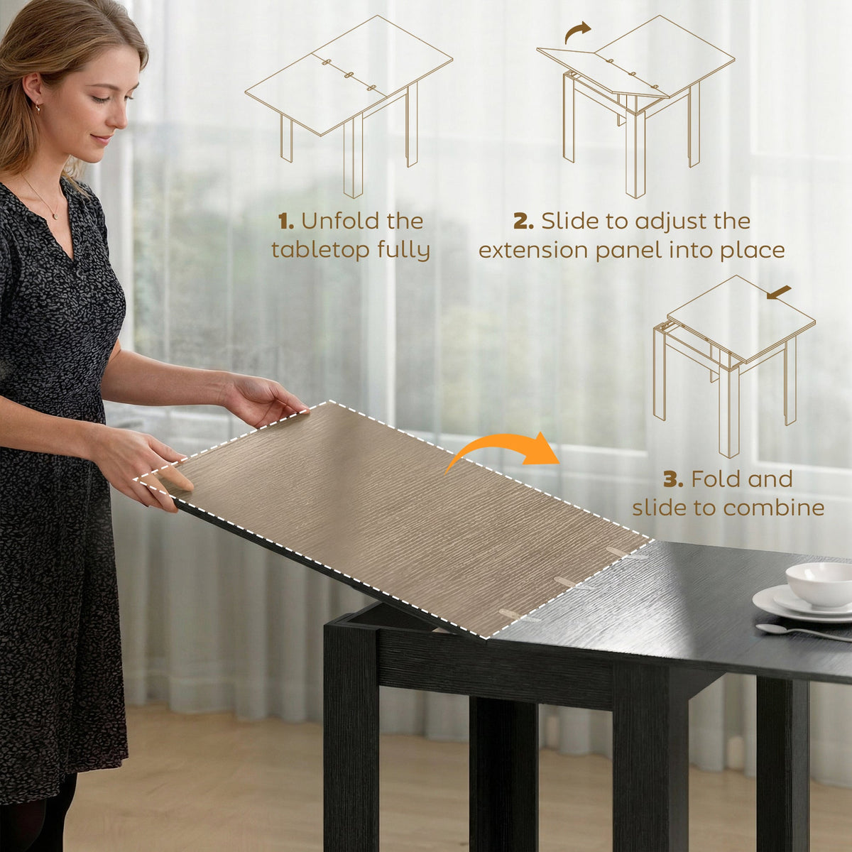 55" Extendable Dining Table for 4-6, Kitchen Table with Steel Slides and Felt Pads for Small Spaces, Black