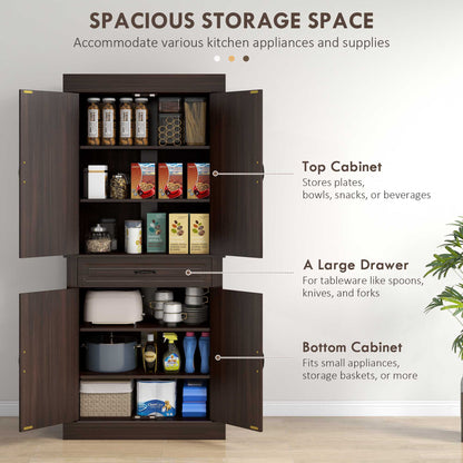 71" Freestanding Kitchen Pantry with 4 Doors and 2 Cabinets, Tall Storage Cabinet for Kitchen, Distressed Black