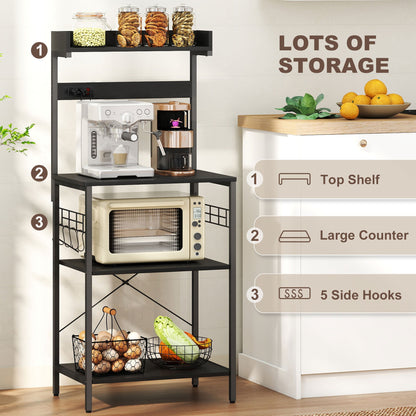 Kitchen Baker's Rack with Power Outlet, Coffee Bar Station with Adjustable Shelves and Hooks, Distressed Grey