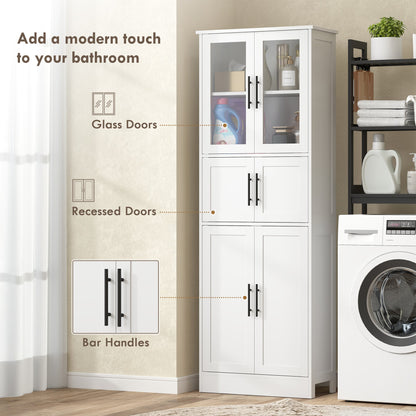 67" Tall Bathroom Storage Cabinet, Modern Freestanding Bathroom Cabinet with Glass Doors and Adjustable Shelves, White