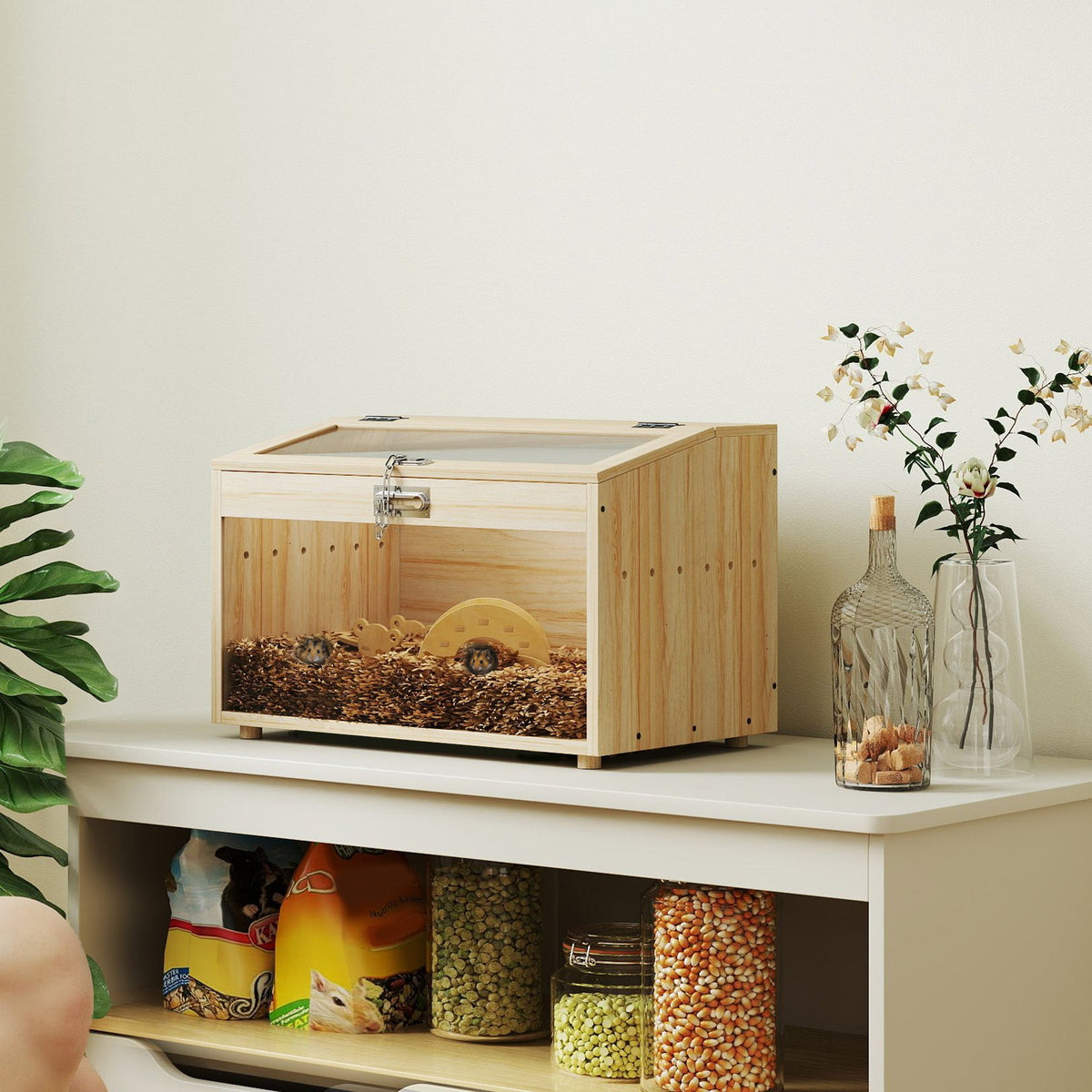 22"L Hamster Cage with Openable Top & Acrylic Windows, Small Animal Cage with Hut, Seesaw, Ladder, Natural Wood