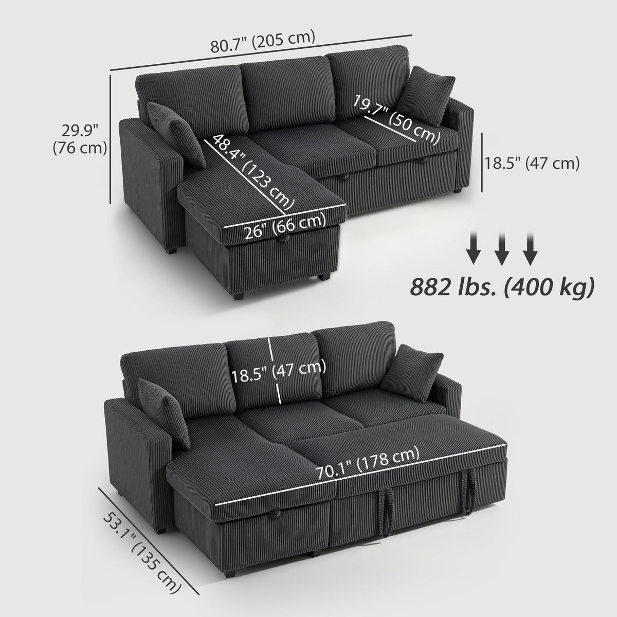 81" Sofa Bed, 2 In 1 Pull Out Sleeper Sofa Bed with Storage, Corduroy Convertible Couch for Living Room, Dark Grey