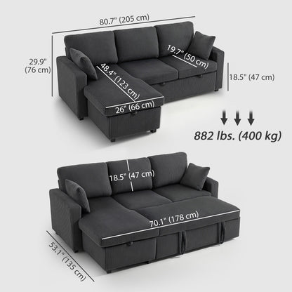 81" Sofa Bed, 2 In 1 Pull Out Sleeper Sofa Bed with Storage, Corduroy Convertible Couch for Living Room, Dark Grey