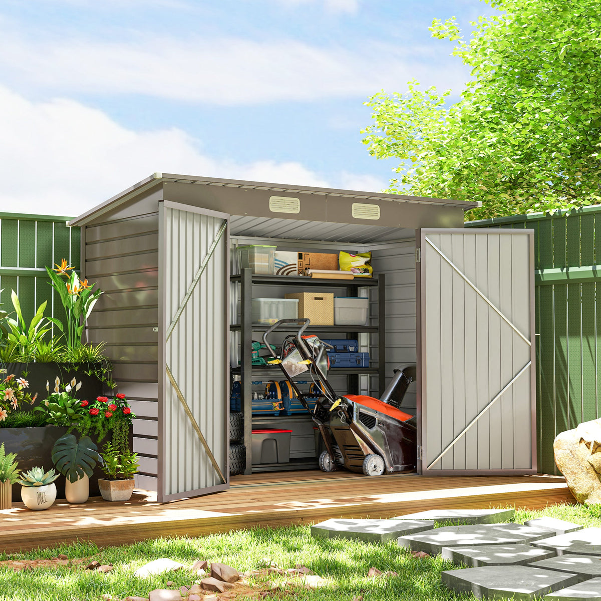8 x 4FT Galvanized Garden Storage Shed, Metal Outdoor Shed with Double Doors and 2 Vents, Oak