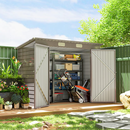 8 x 4FT Galvanized Garden Storage Shed, Metal Outdoor Shed with Double Doors and 2 Vents, Oak