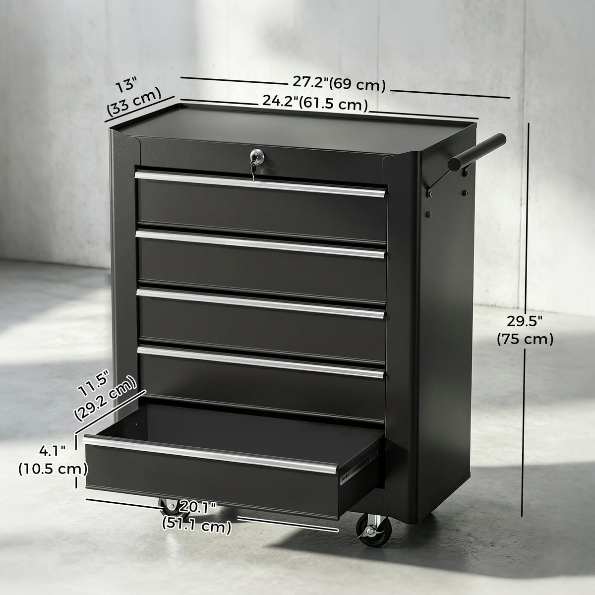 5 Drawer Roller Tool Chest, Lockable Toolbox, Storage Organizer with Handle for Workshop Mechanics Garage, Black and Red