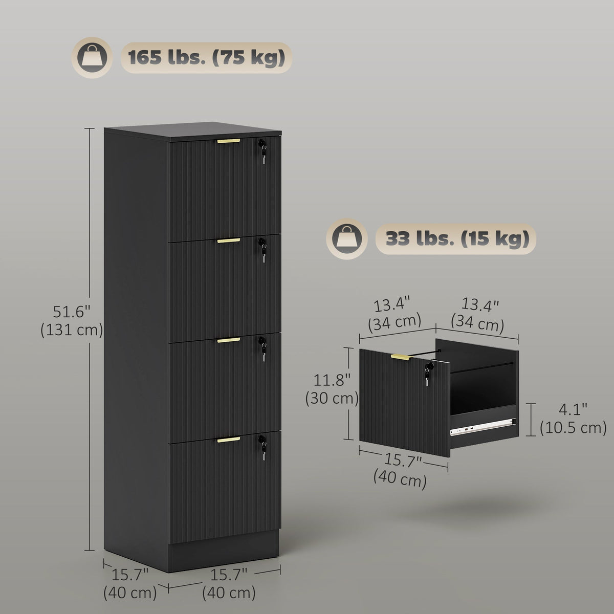 Lockable Filing Cabinet with 2 Fluted Drawers, File Cabinet with Adjustable Hanging Rails for A4 Letter Files, Black