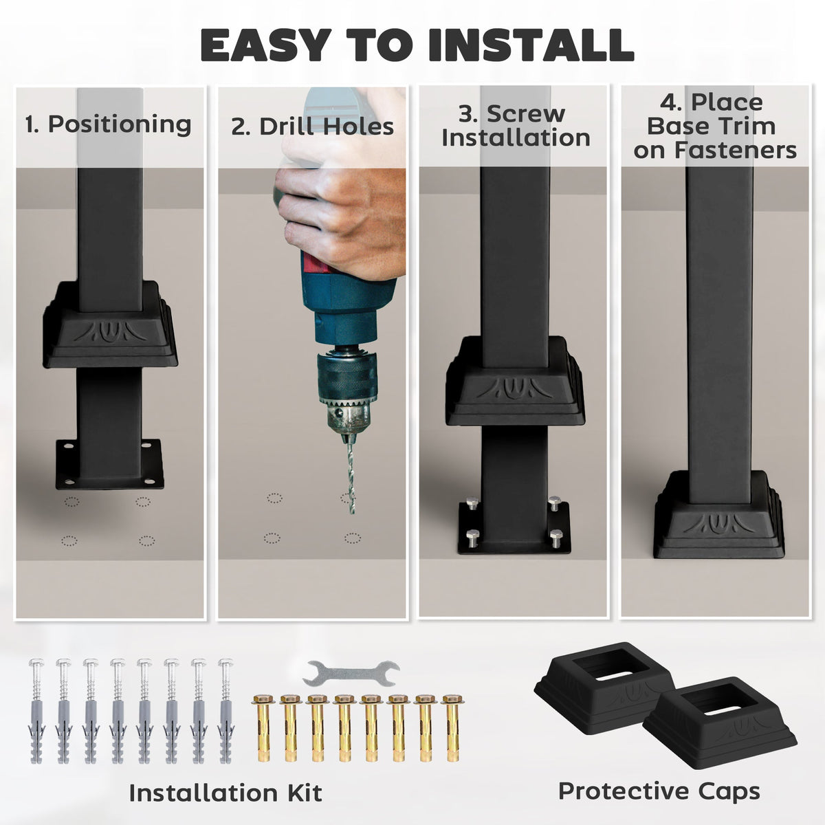 2-3 Step Handrails for Outdoor Steps, Metal Outdoor Stair Railing, Porch Deck Railing with Installation Kit, Black