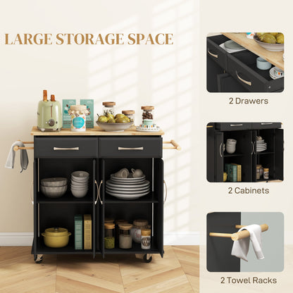 Kitchen Island on Wheels with Rubberwood Top, Rolling Kitchen Cart with 2 Drawers, 4 Doors and Adjustable Shelves
