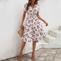 New Short Sleeve Cross Collar Dress Elastic Waist Printed Dress
