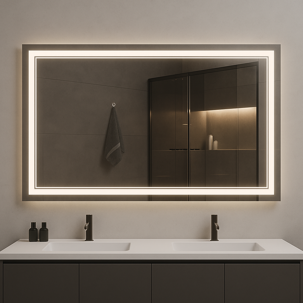 Nebula PureGlow Backlit LED Bathroom Mirror with Frosted Perimeter — Dimmable, Anti-Fog & 3-CCT (3000K/4000K/5000K) | 24–60" Sizes