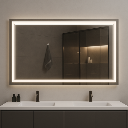 Nebula PureGlow Backlit LED Bathroom Mirror with Frosted Perimeter — Dimmable, Anti-Fog & 3-CCT (3000K/4000K/5000K) | 24–60" Sizes