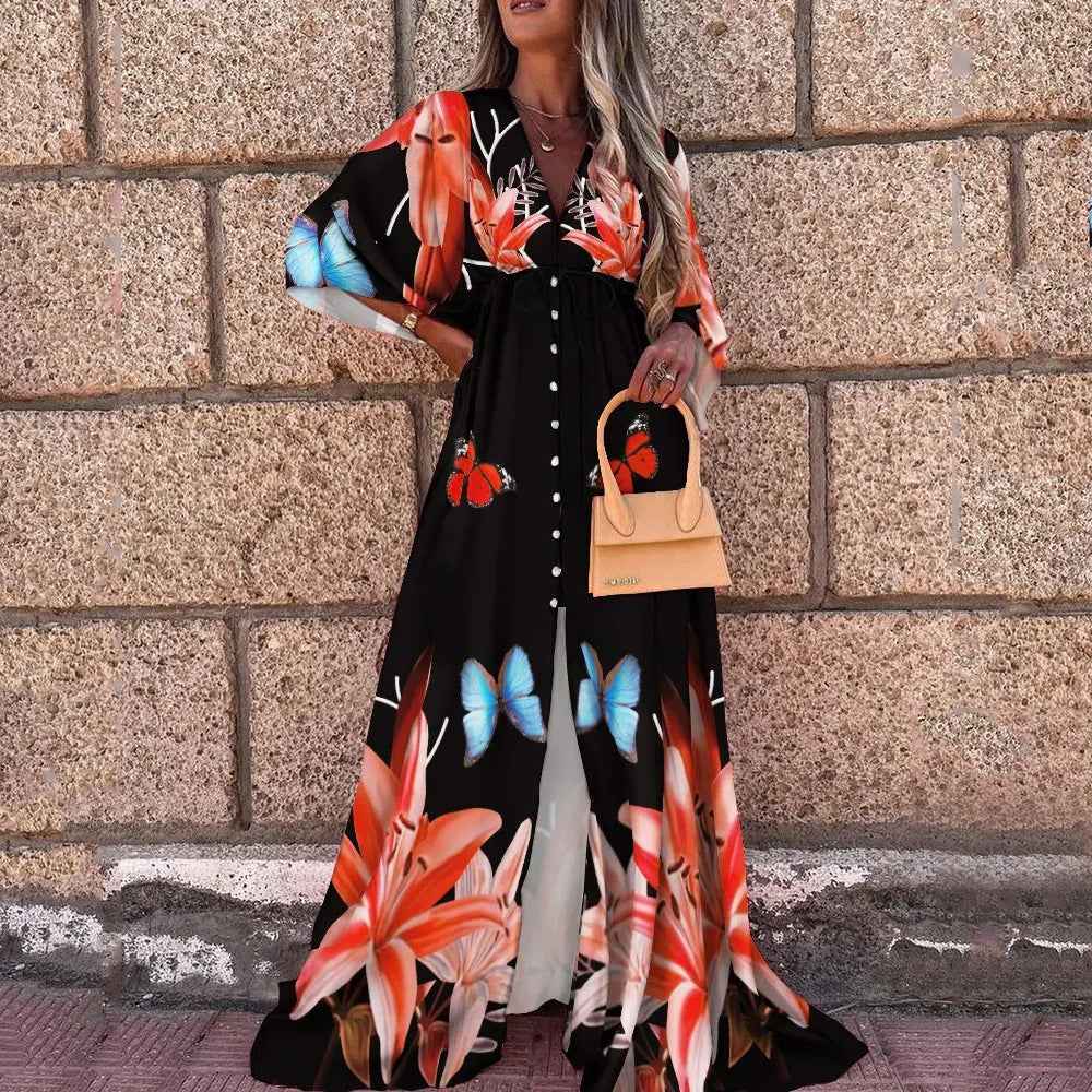 Summer Casual Vacation Style V-Neck Printed Dress