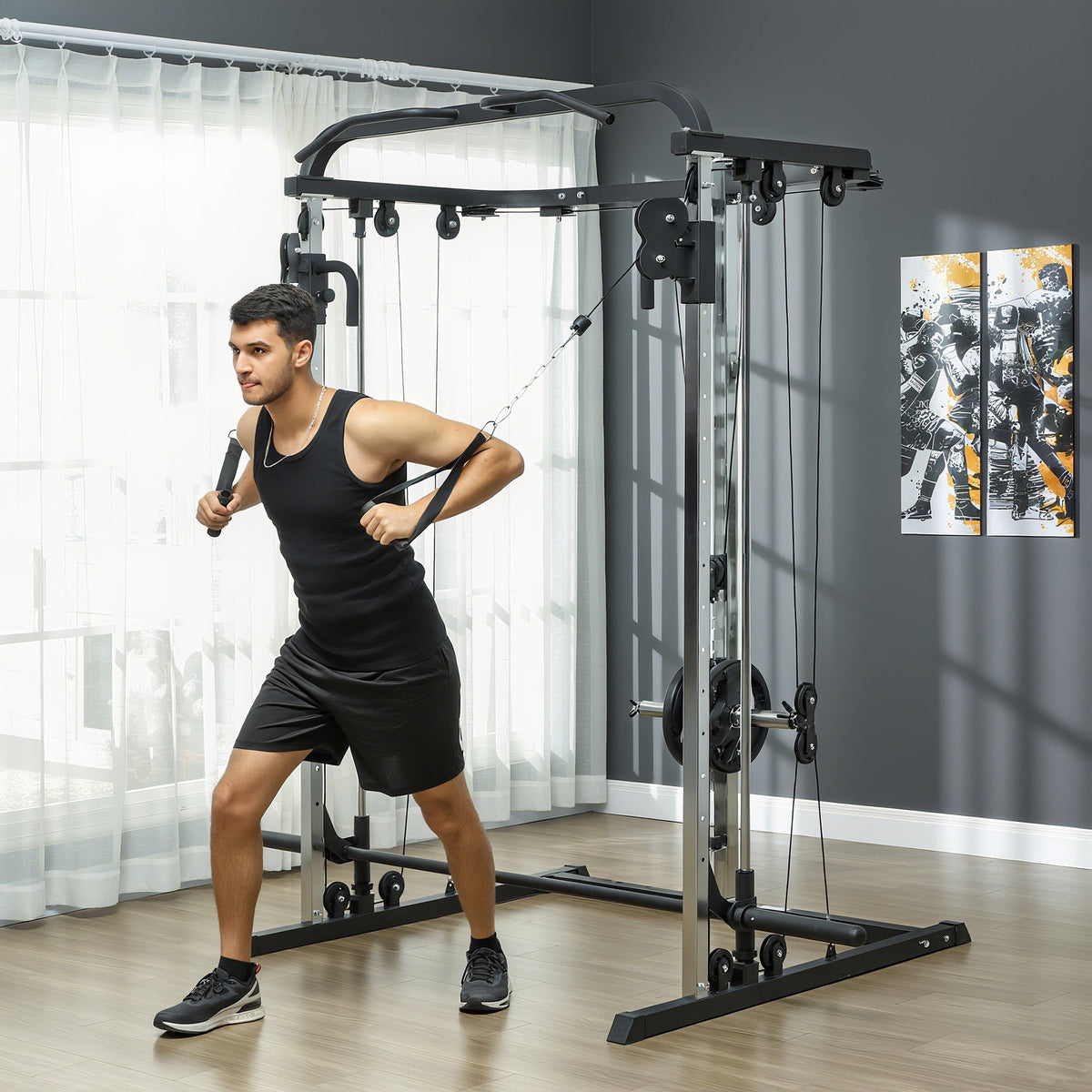 3 In 1 Smith Machine Power Rack with Cable Crossover System, Pull up Station, 16-Level Squat Rack and Barbell Bar