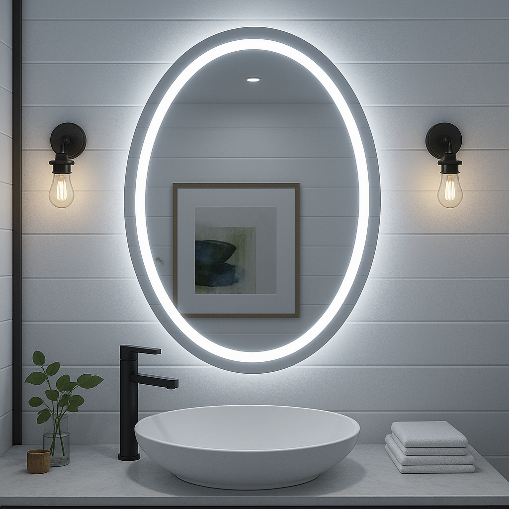 Noir Éclipse Oval LED Bathroom Mirror — Front Glow Frosted Ring + Back-Lit Halo, Dimmable, Anti-Fog & Memory (3000K/4000K/5000K) | 24"×32" or 30"×36" | CE & ETL Certified