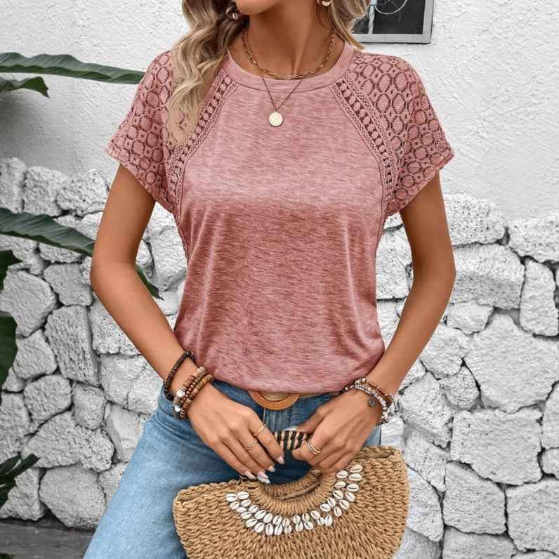 Women's Top Lace Patchwork Round Neck T-shirt