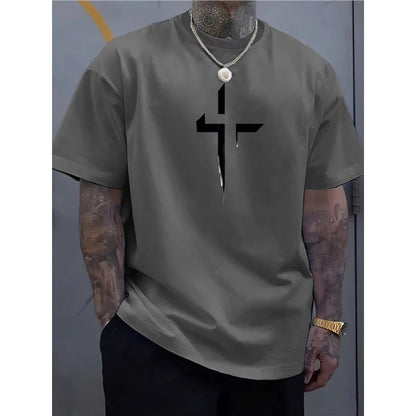 Street-style Mens Casual Loose-fit Cross-print Creative Sports Short-sleeve Top