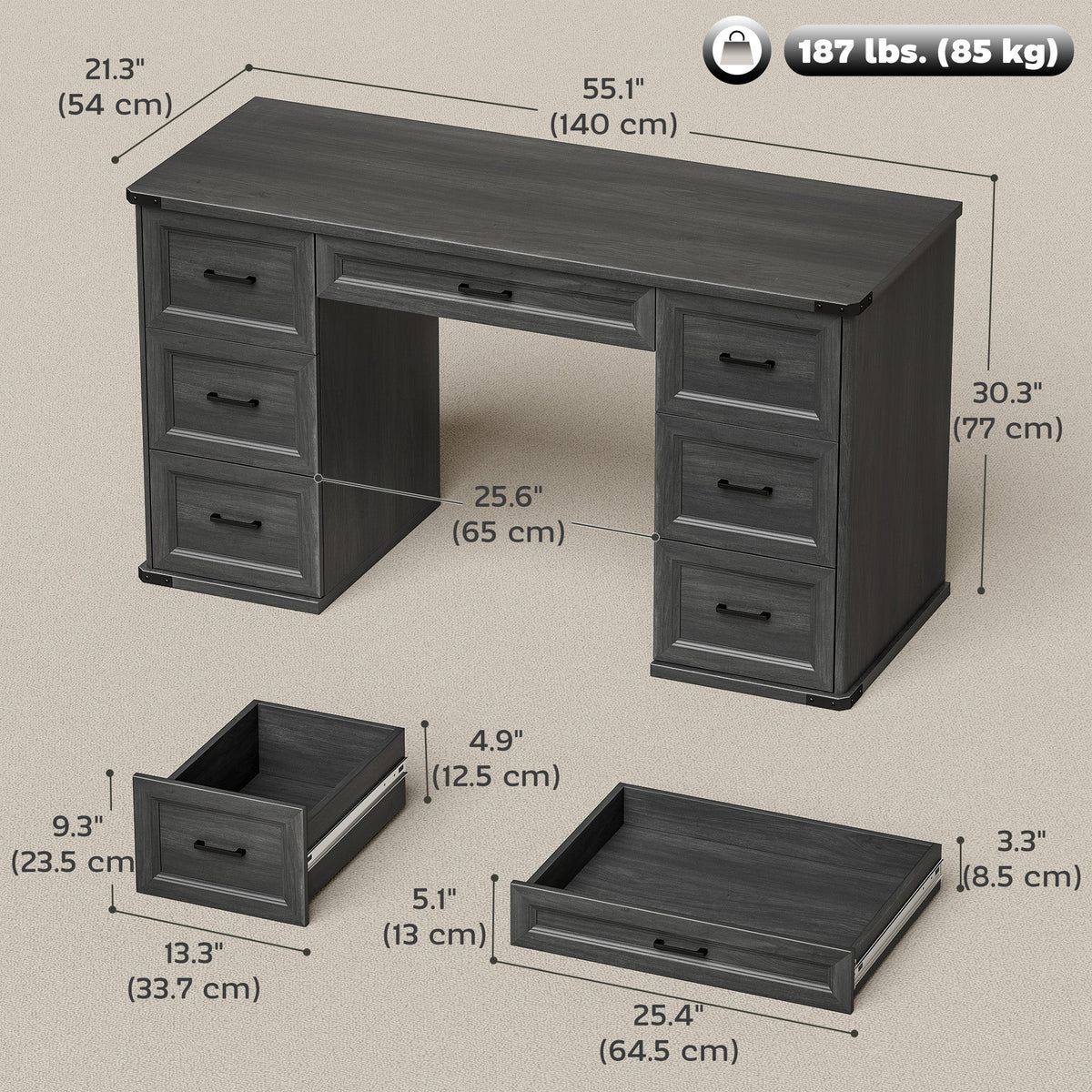 55" Computer Desk with 7 Drawers, Farmhouse Executive Desk for Home Office, Study, Bedroom, Black Wood Grain