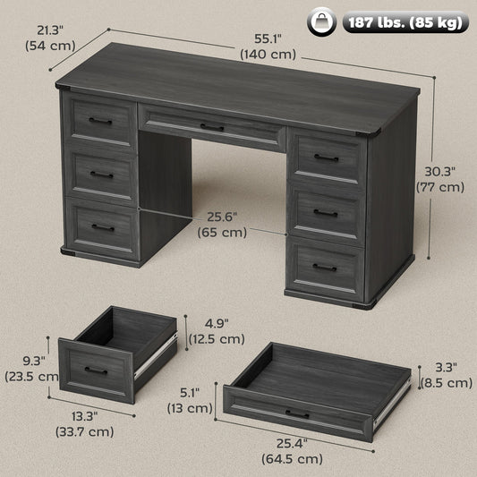 55" Computer Desk with 7 Drawers, Farmhouse Executive Desk for Home Office, Study, Bedroom, Black Wood Grain