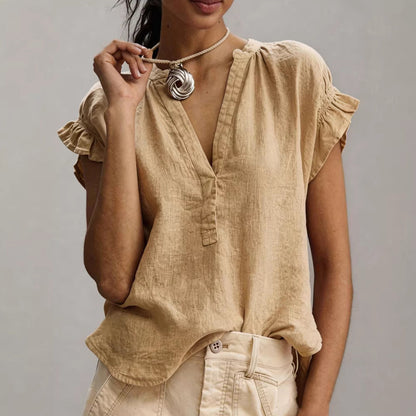 Women's Casual V-Neck Cotton-Linen Blouse Top Summer Ruffle Short-Sleeve Solid Color Office Daily Wear Shirts