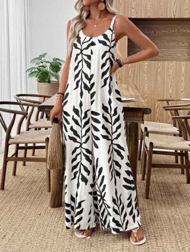 Womens Casual & Elegant V-Neck Jumpsuit With Tropical Leaf Print And Pockets For Women