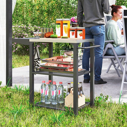 3-Shelf Outdoor Grill Cart Table with Side Handle, Stainless Steel Pizza Oven Stand on Wheels, Black