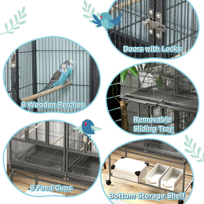 61"H Divided Breeder Bird Cage with Rolling Stand Removable Metal Tray, Storage Shelf, Wood Perch, and Food Container, Dark Grey