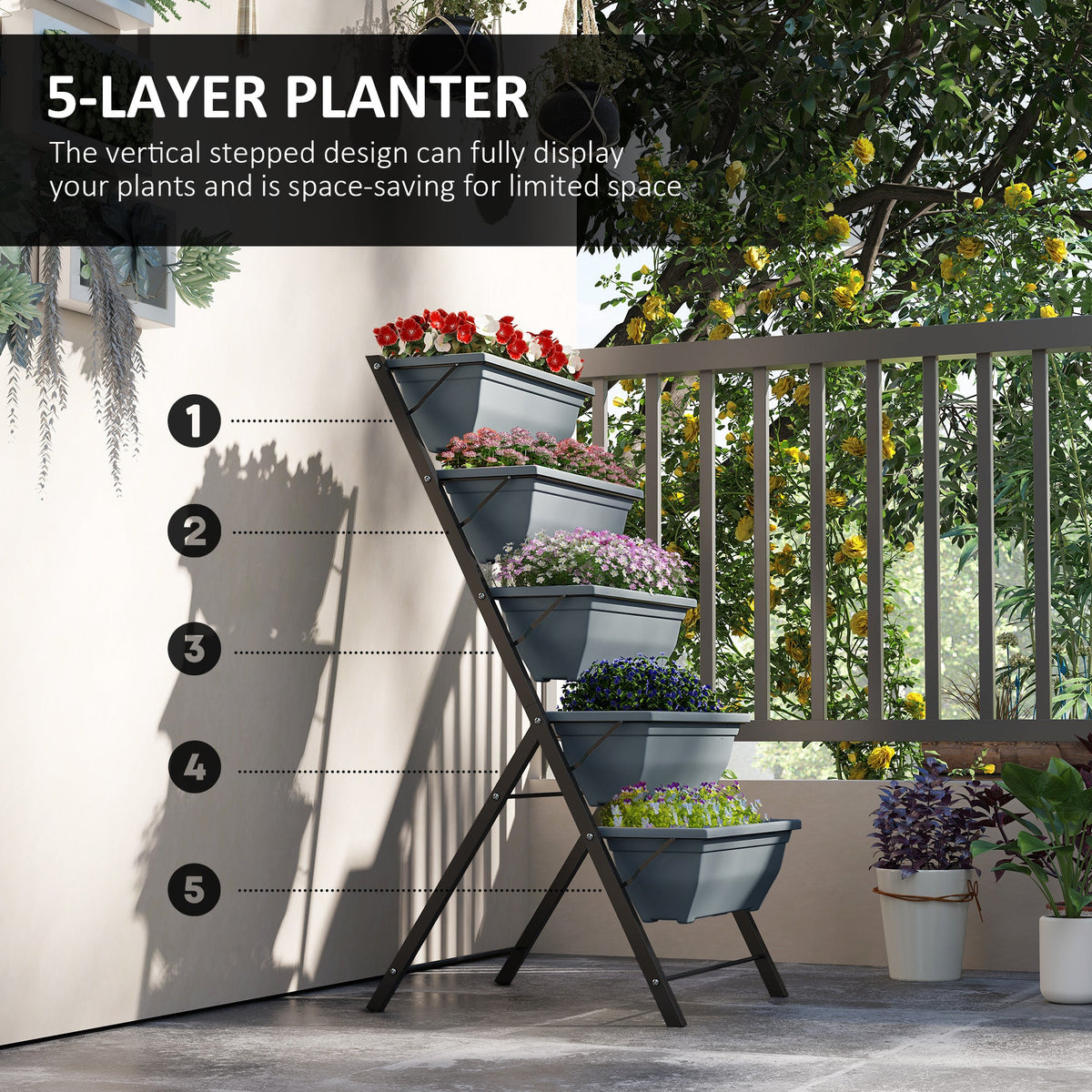 5-Tier Raised Garden Bed with 5 Planter Box, Outdoor Plant Stand Grow Containers with Leaking Holes, Black