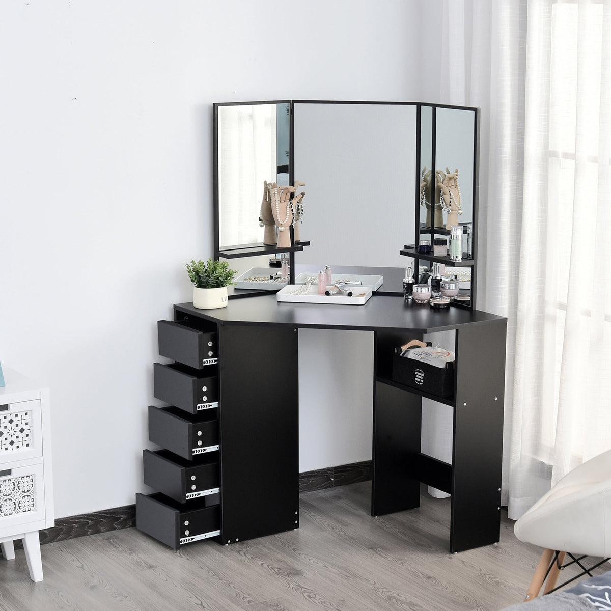 Corner Vanity Desk with Mirror, Makeup Vanity Table with 5 Drawers and Open Shelves, Dressing Table with 3-piece Mirror for Bedroom, Black