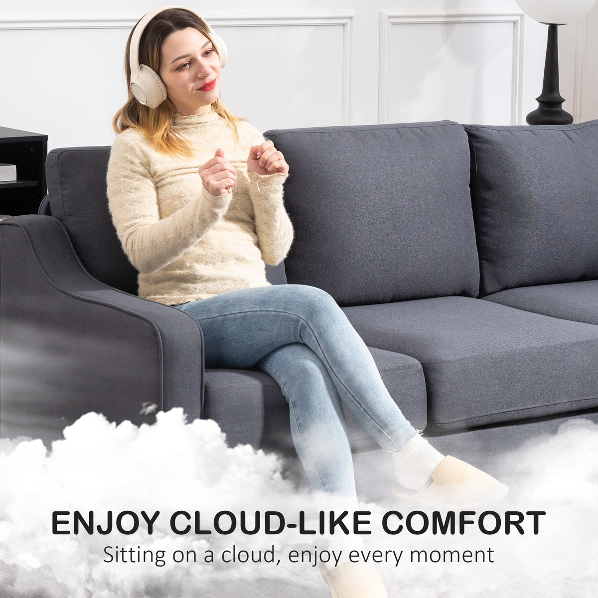 3 Seater Sofa, Modern Couch with Pocket Spring, Linen Upholstered, Thick Padded, Beige