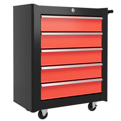 5 Drawer Roller Tool Chest, Lockable Toolbox, Storage Organizer with Handle for Workshop Mechanics Garage, Black and Red