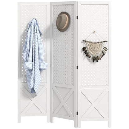 4.7' 3 Panel Wooden Room Divider with Pegboard Display, Folding Privacy Screen for Home Office, Natural