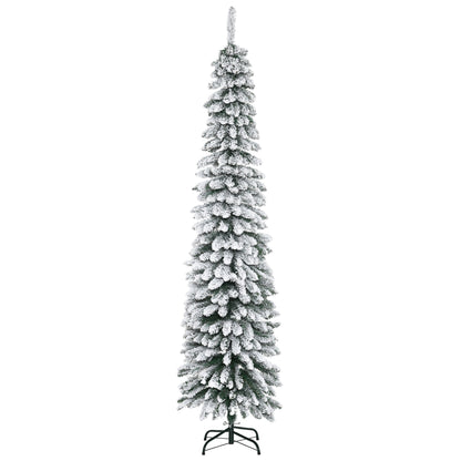 6 Ft Snow-Flocked Artificial Christmas Tree, Slim Pencil Xmas Tree with Realistic Branches, Metal Base, Green