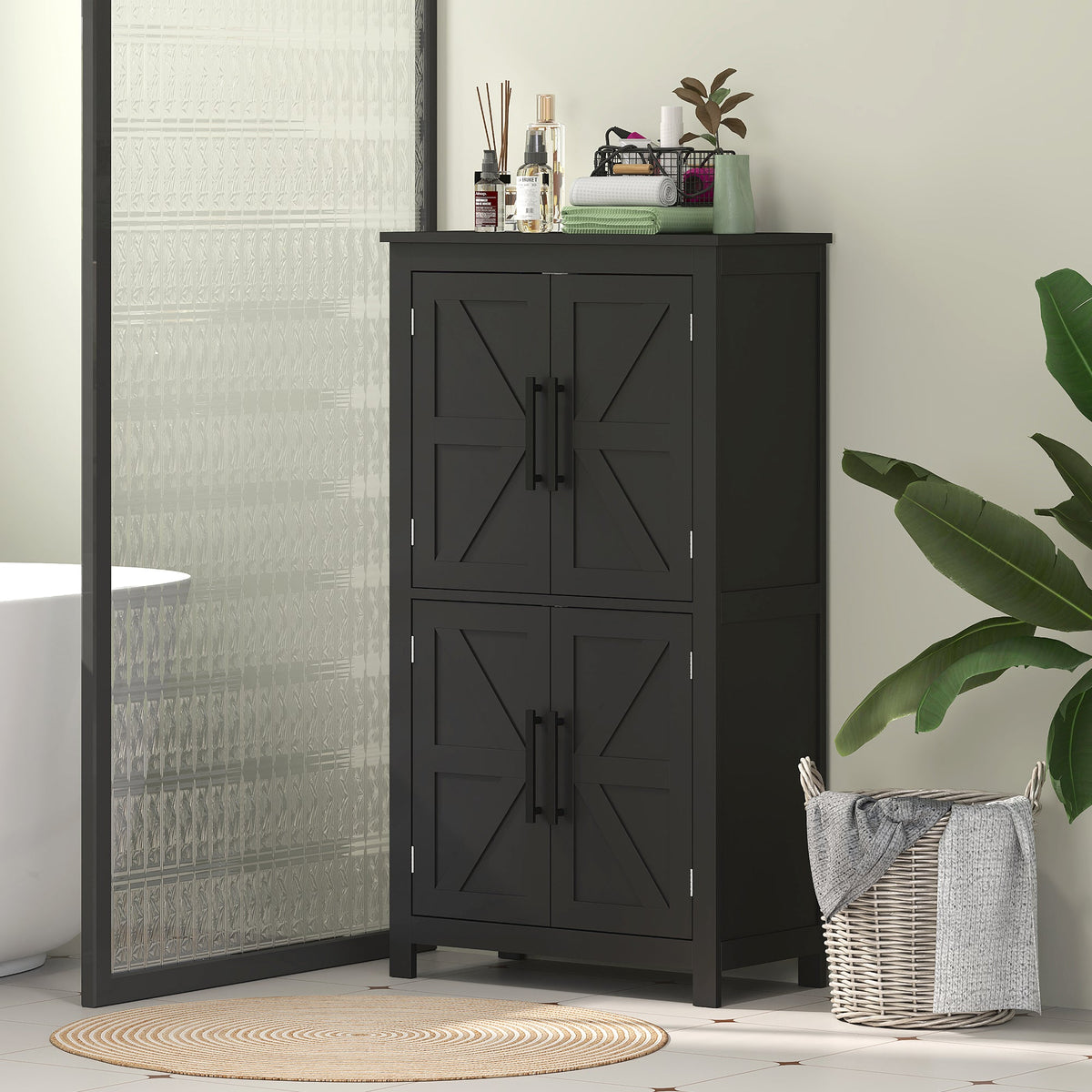Farmhouse Bathroom Storage Cabinet, Bathroom Floor Cabinet with Barn Doors and Adjustable Shelf, Black