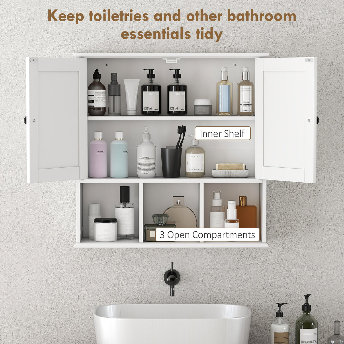 Farmhouse Bathroom Wall Cabinet, Wall Mounted Medicine Cabinet with Adjustable Shelf, Open Compartments, White