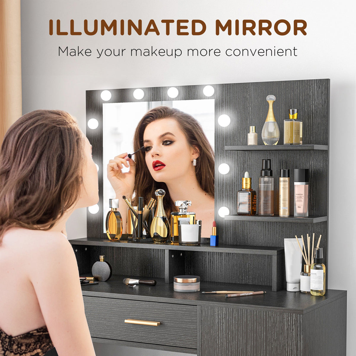 Illuminated Dressing Table Set, LED Vanity Table Set with Stool, LED Mirror, Drawer and Cabinet Shelves for Bedroom