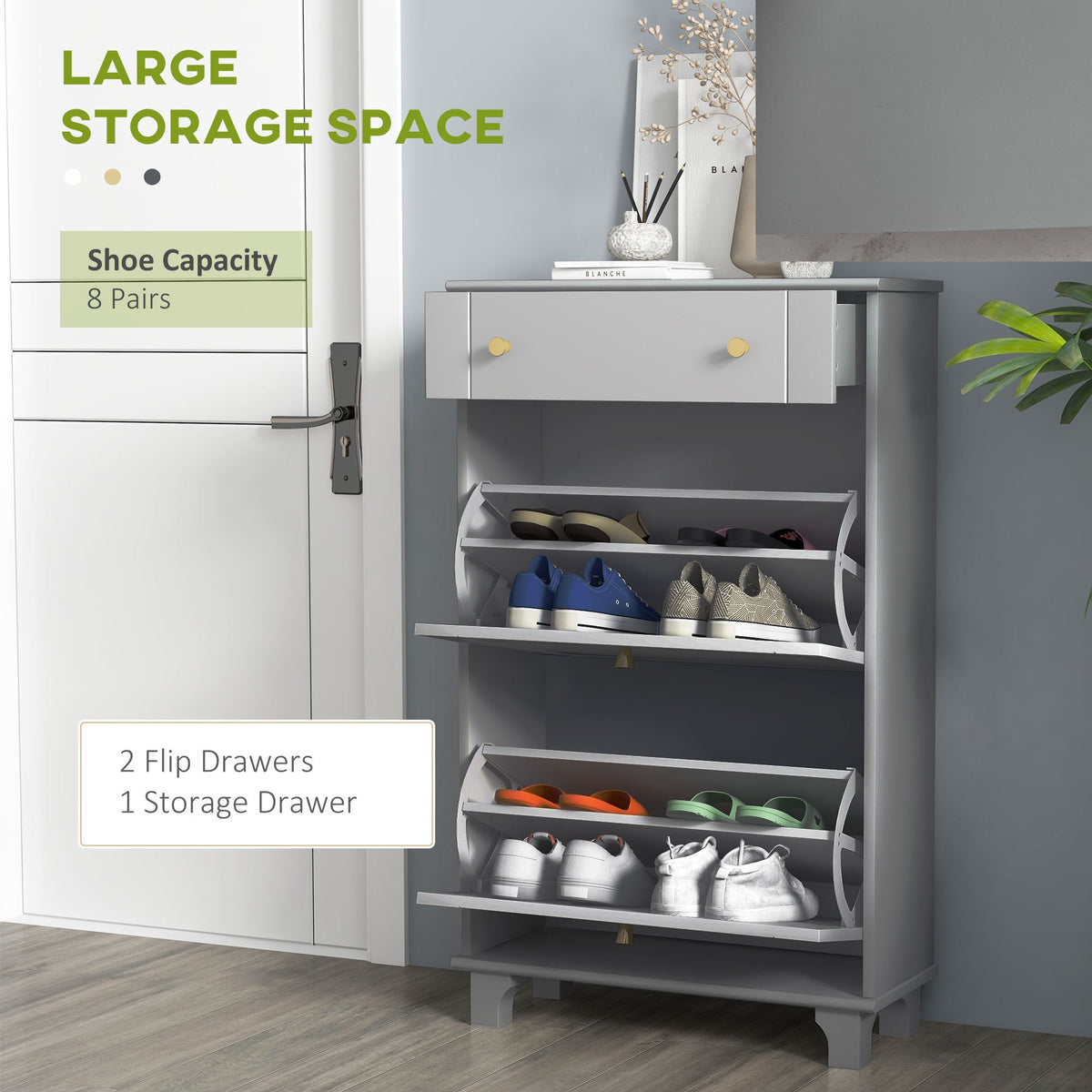 Slim Shoe Storage with 2 Flip Drawers and Adjustable Shelves Shoe Cabinet Organizer for 8 Pair, Black
