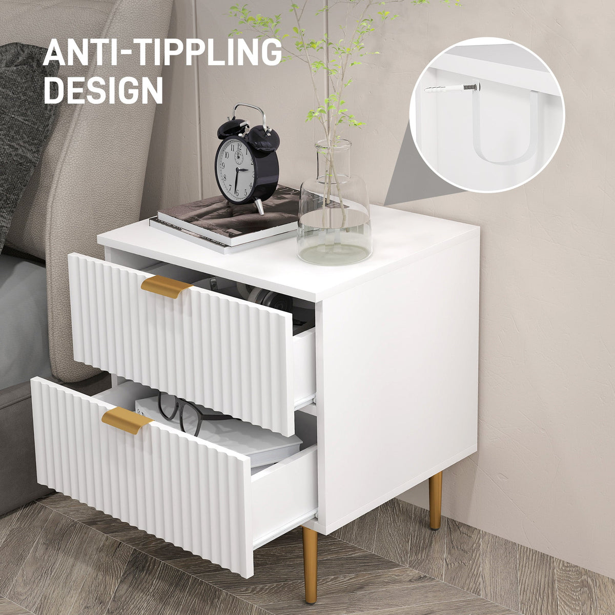 Bedside Table, Modern Nightstand with 2 Drawers, Side End Table with Metal Legs for Living Room, Bedroom, White