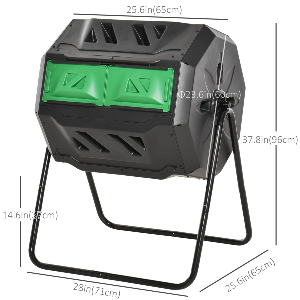 43 Gallon (160L) Tumbling Compost Bin Outdoor Dual Chamber 360° Rotating Composter with Sliding Doors, Solid Steel Frame and Gloves, Black