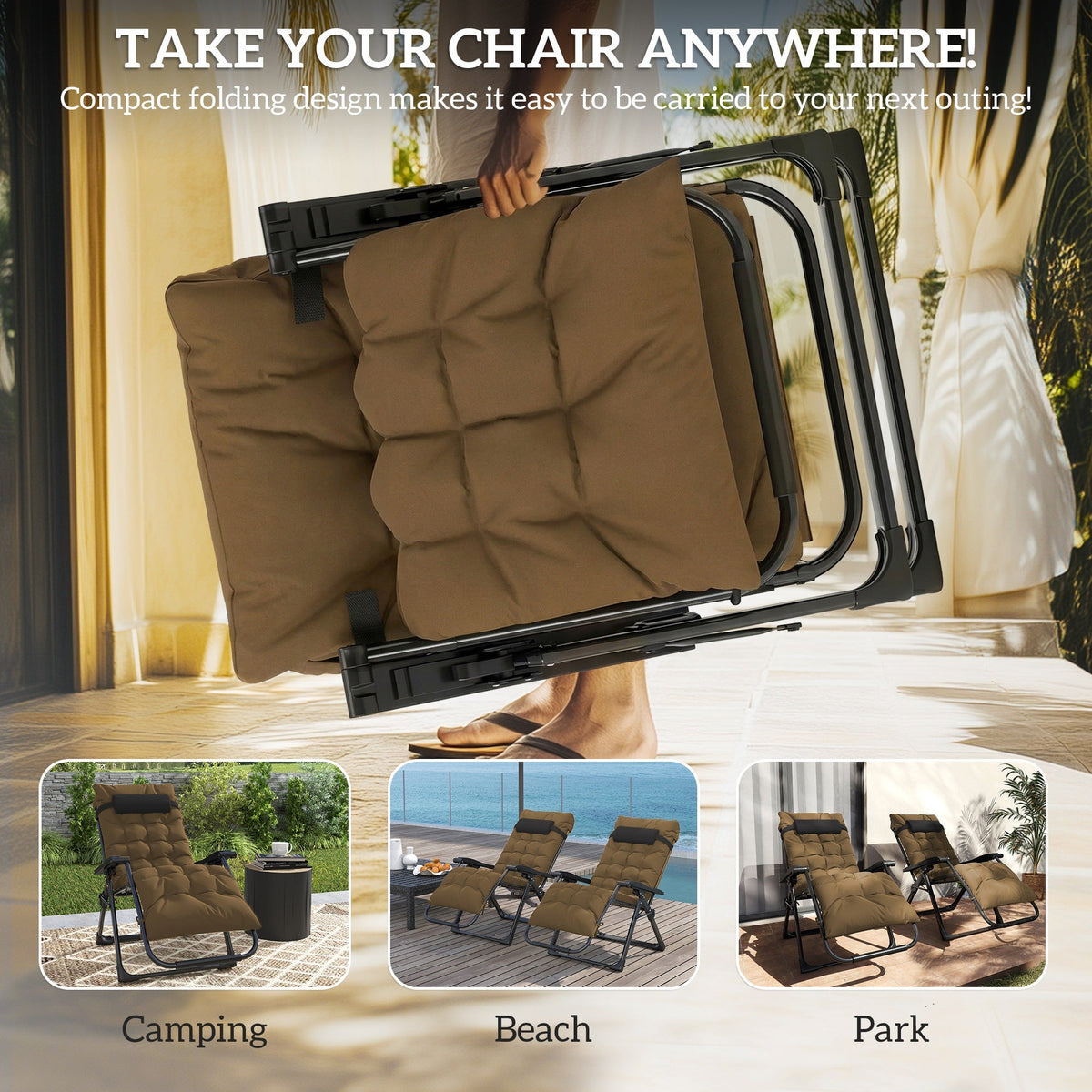 Folding Garden Chairs Set of 2, Reclining Zero Gravity Chair, Sun Lounger with Cushion and Headrest, Khaki