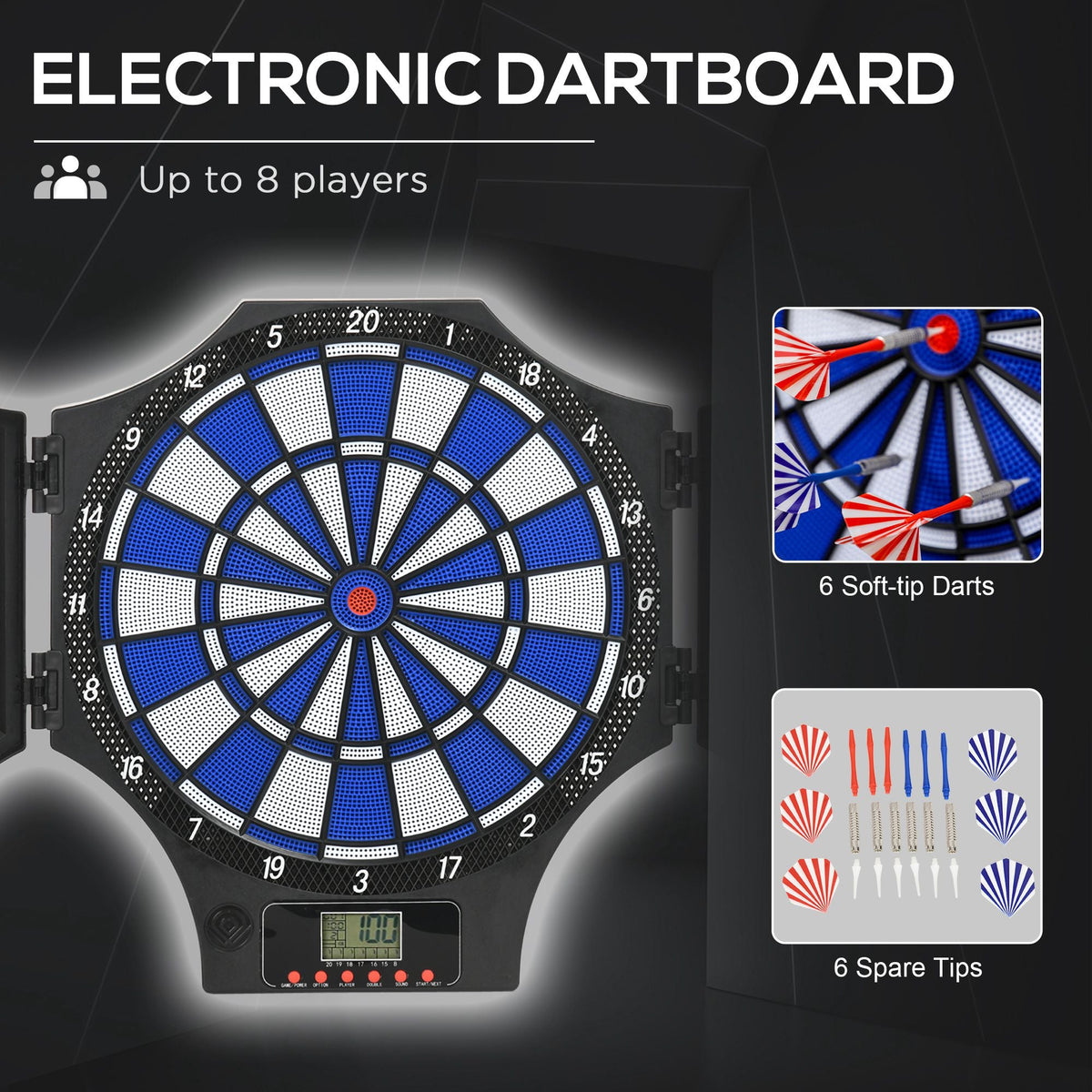 Electronic Dartboard Set with 31 Games and 285 Programs for 8 Players, Soft Tip Dart Board Set with Cabinet, 6 Darts and 6 Spare Tips, LCD Display