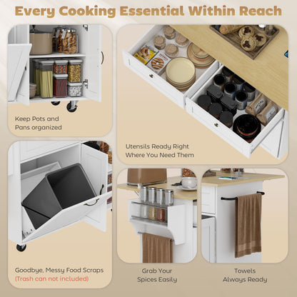 Kitchen Island Cart with Charging Station and Drop Leaf, Kitchen Island Table on Wheels with Trash Can Cabinet, Black