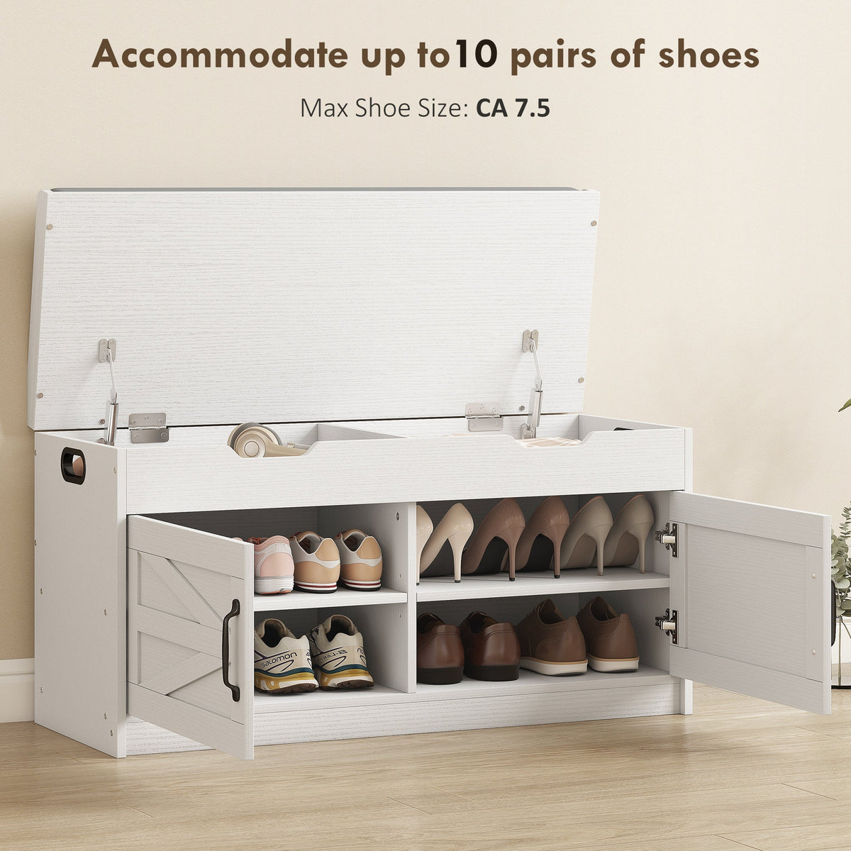 Shoe Storage Bench, Entryway Bench with 2-Tier Cabinet, Flip-Top Storage, Padded Cushion for Hallway, Rustic Brown