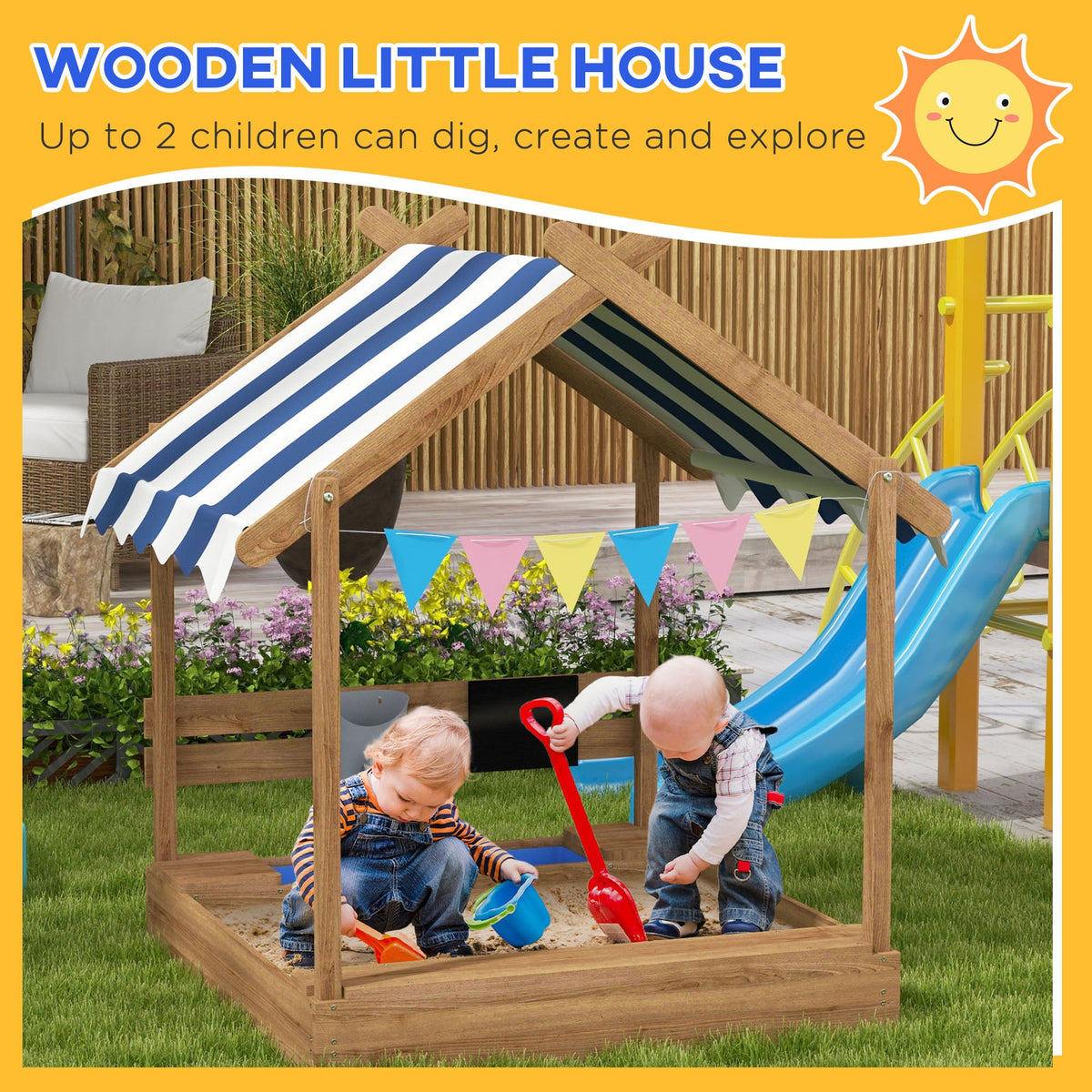 Outdoor Wooden Sandbox with Cover for 3-7 Years Old, Backyard, Brown