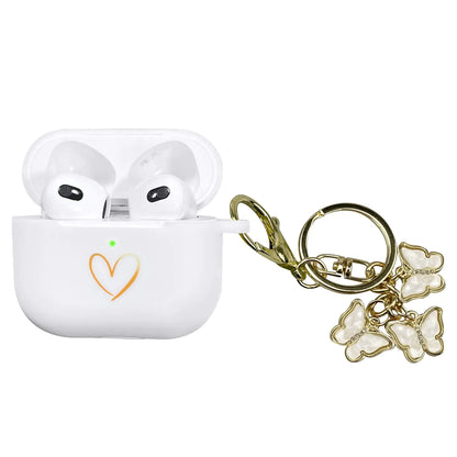 AIIEKZ Compatible with AirPods 3 Case Cover 2021 Soft Silicone Case with Gold Heart Pattern for AirPods 3rd Generation Case with Cute Butterfly Keychain for Girls Women (White)