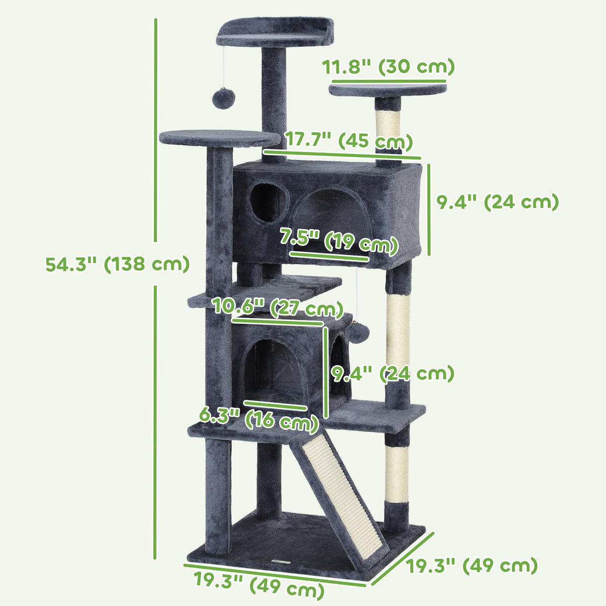 54" Cat Tree, Multi-Level Cat Tower with Scratching Posts, Cat Condos, Bed, Platforms, Ramp, Toy Ball, Beige