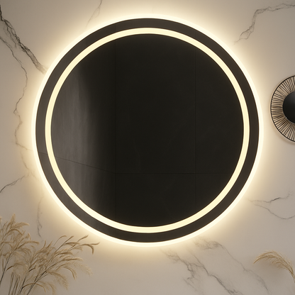 HaloLux Round LED Bathroom Mirror — Frosted Front-Light Ring + Back-Lit Halo, Dimmable, Anti-Fog & Memory (3000K/4000K/5000K) | 24″, 28″, 32″ | CE & ETL Certified