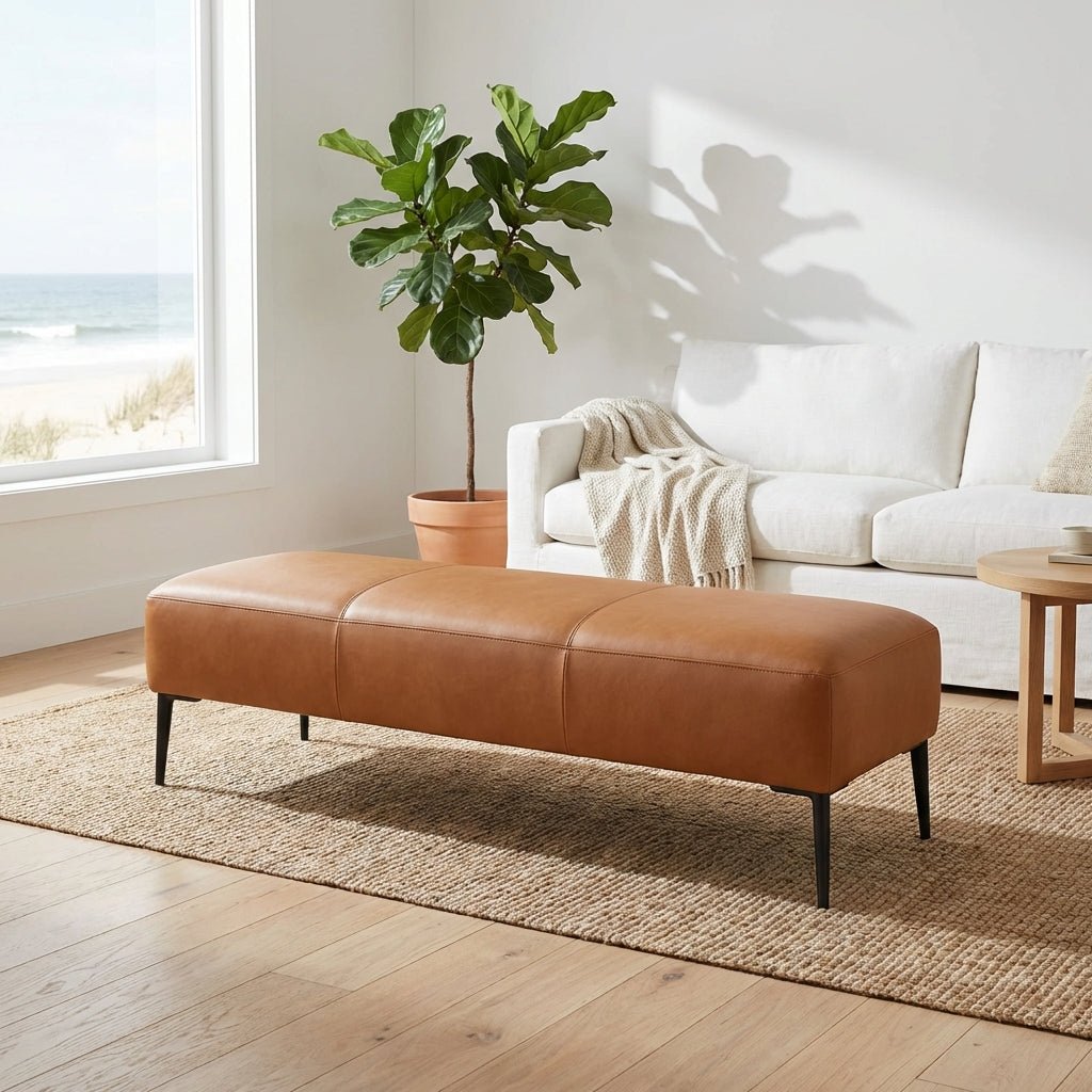Camel Upholstered Bench with Metal Legs